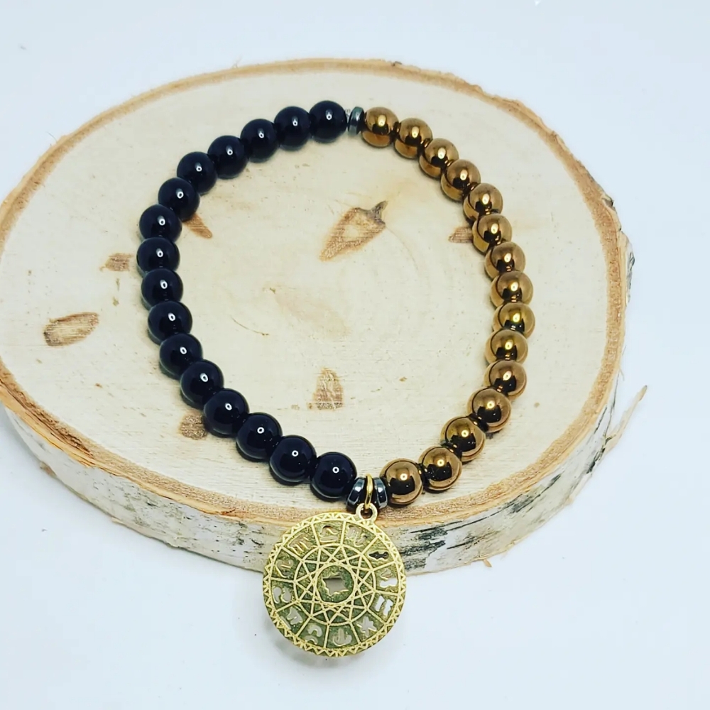 Golden Hematite,  Black Agate,  Zodiac Charm bracelet 6 mm
